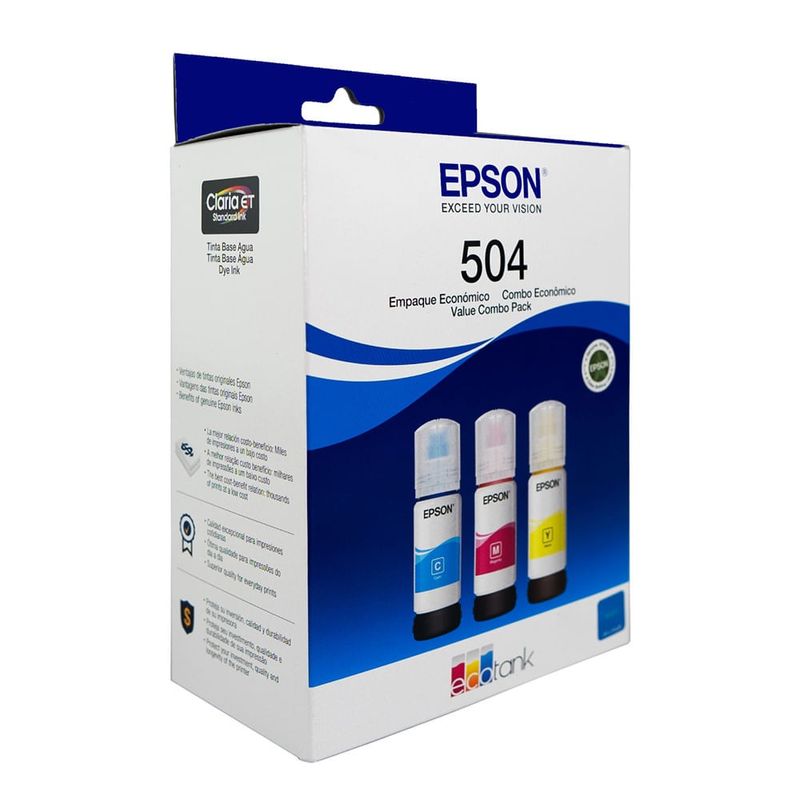 Combo 3 tintas Epson T504 CMY + Papel fotográfico A4 diagonal tintas empaques