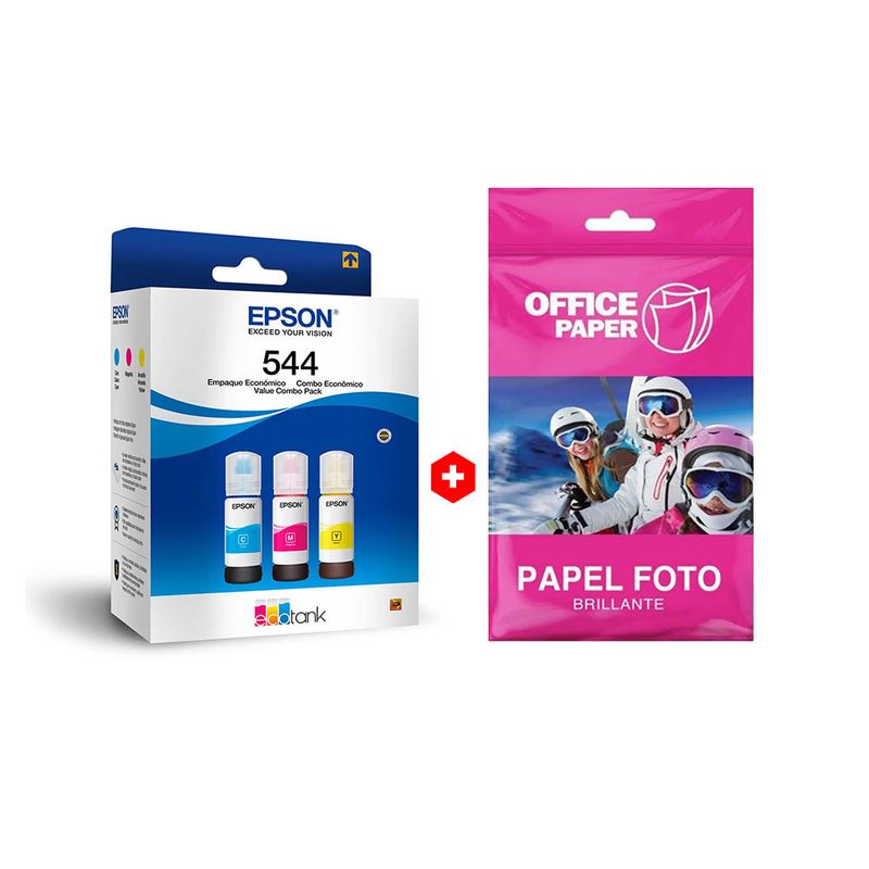 Combo 3 tintas Epson T544 CMY + Papel fotográfico A4 frontal empaques tintas y papel fotográfico
