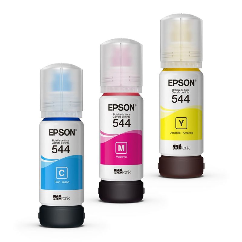 Combo 3 tintas Epson T544 CMY + Papel fotográfico A4 frontal empaques tintas y papel fotográfico frontal tintas