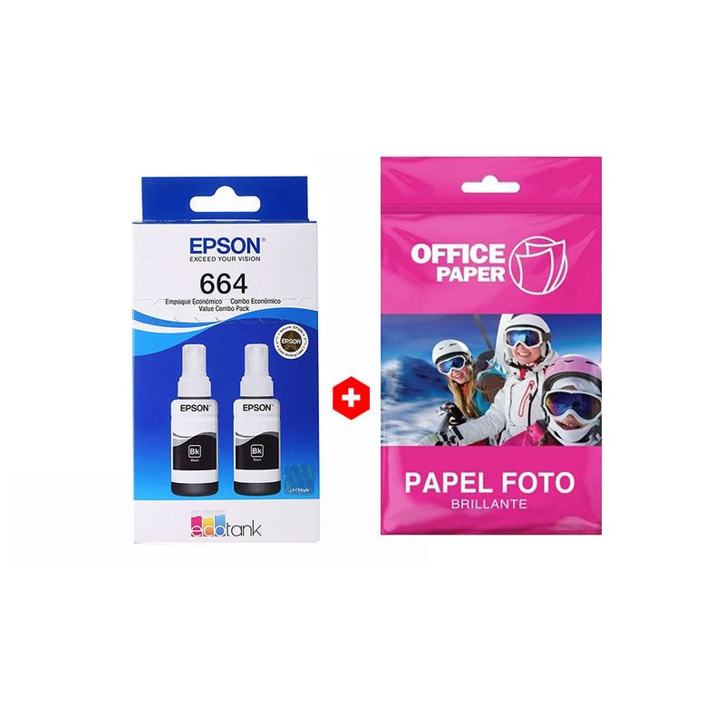 Combo 2 tintas Epson T664 Negro + Papel fotográfico A4 frontal empaques