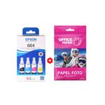 Combo 4 tintas Epson T664 Bcmy + Papel fotográfico A4 frontal empaques