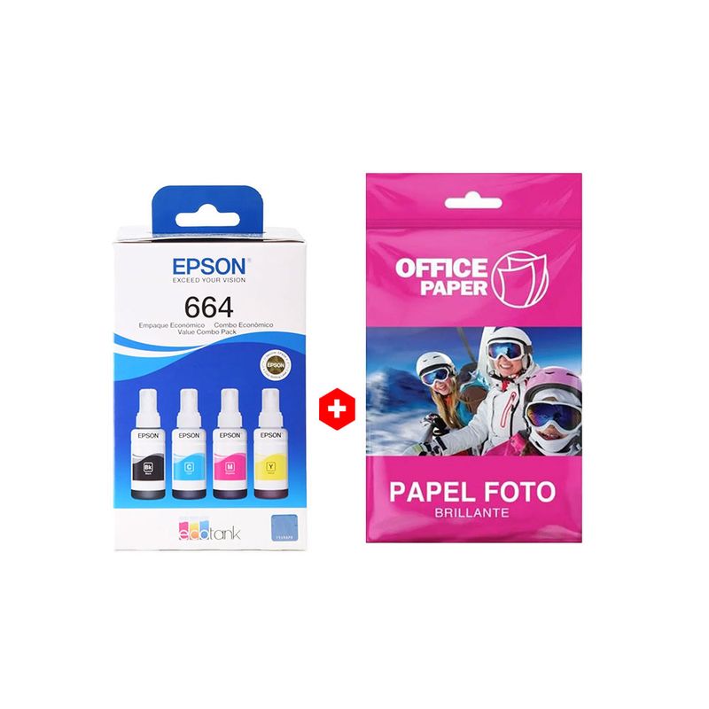 Combo 4 tintas Epson T664 Bcmy + Papel fotográfico A4 frontal empaques