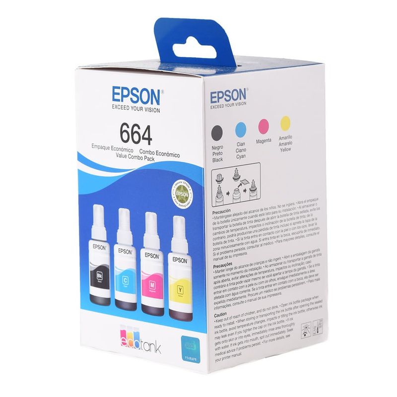 Combo 4 tintas Epson T664 Bcmy + Papel fotográfico A4 diagonal tintas empaques