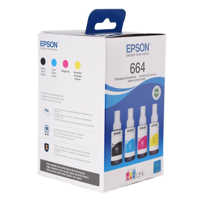 Combo 4 tintas Epson T664 Bcmy + Papel fotográfico A4 oblicuo tintas empaques