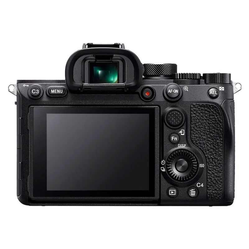 Cámara mirrorless Sony Alpha a7R IV 61MP full frame pantalla táctil vista frontal en estudio fotográfico