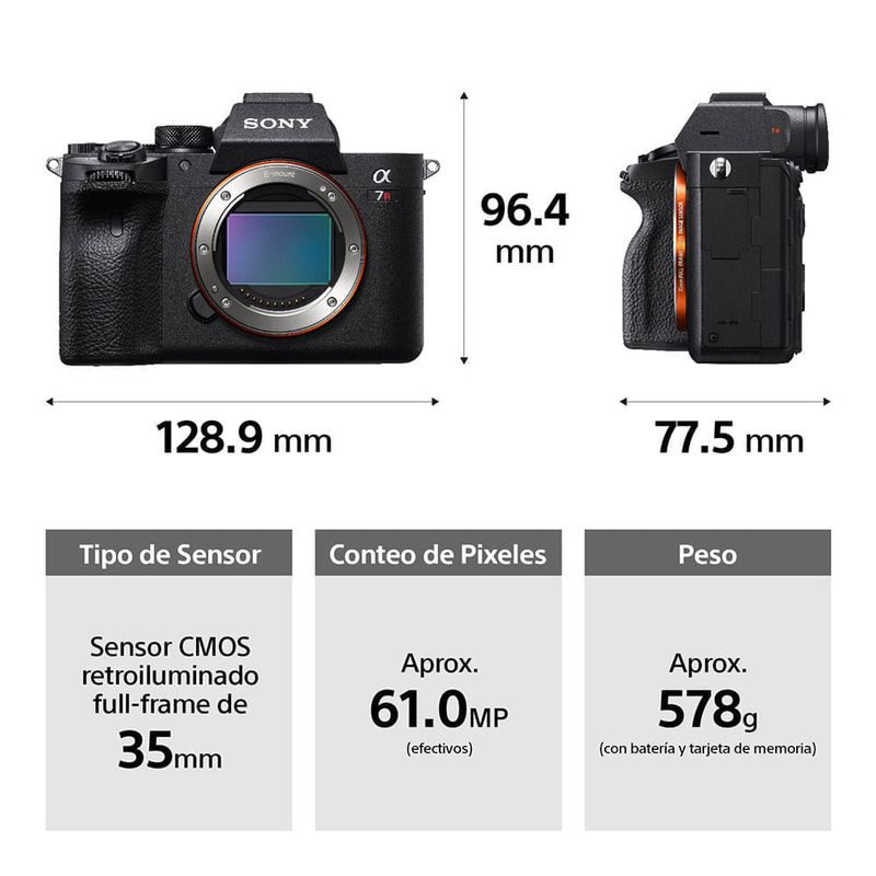 Cámara mirrorless Sony Alpha a7R IV 61MP full frame pantalla táctil vista frontal en estudio fotográfico