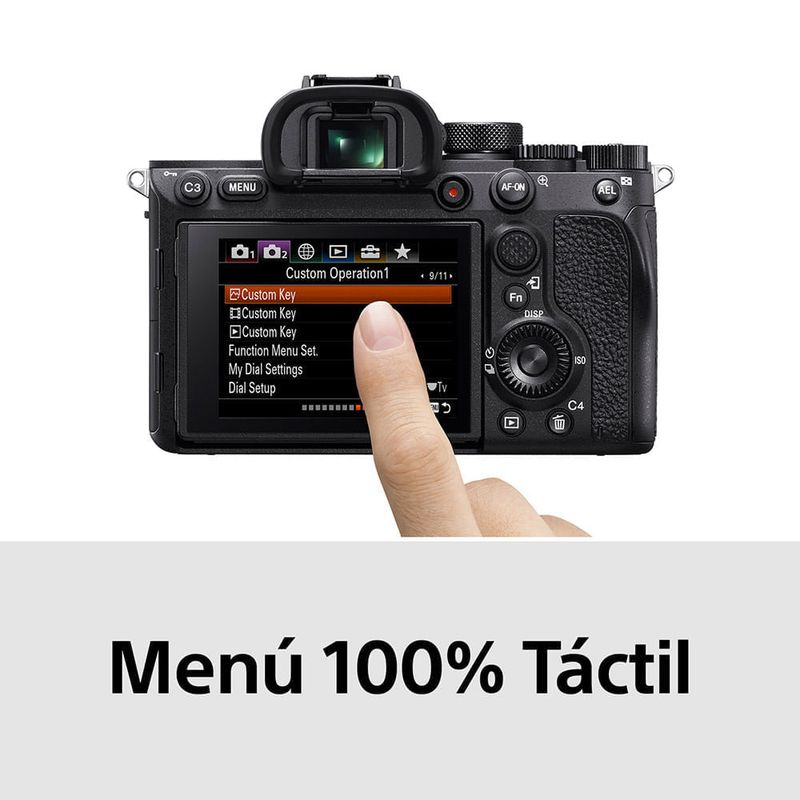 Cámara mirrorless Sony Alpha a7R IV 61MP full frame pantalla táctil vista frontal en estudio fotográfico