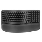 Teclado ergonómico inalámbrico Logitech Wave Keys Ergo, diseño ondulado ergonómico con reposamanos acolchado, color negro, vista dorsal, sobre fondo blanco