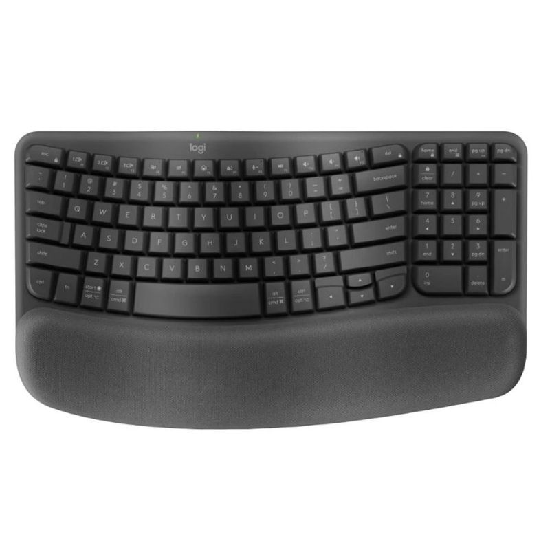 Teclado ergonómico inalámbrico Logitech Wave Keys Ergo, diseño ondulado ergonómico con reposamanos acolchado, color negro, vista dorsal, sobre fondo blanco