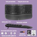 Teclado ergonómico inalámbrico Logitech Wave Keys Ergo, diseño ondulado ergonómico con reposamanos acolchado, color negro, vista compuesta, en gráfica informativa con vista superior y perfil lateral sobre fondo lila