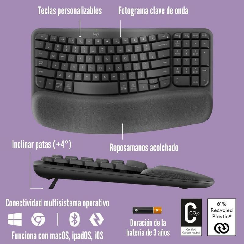 Teclado ergonómico inalámbrico Logitech Wave Keys Ergo, diseño ondulado ergonómico con reposamanos acolchado, color negro, vista compuesta, en gráfica informativa con vista superior y perfil lateral sobre fondo lila