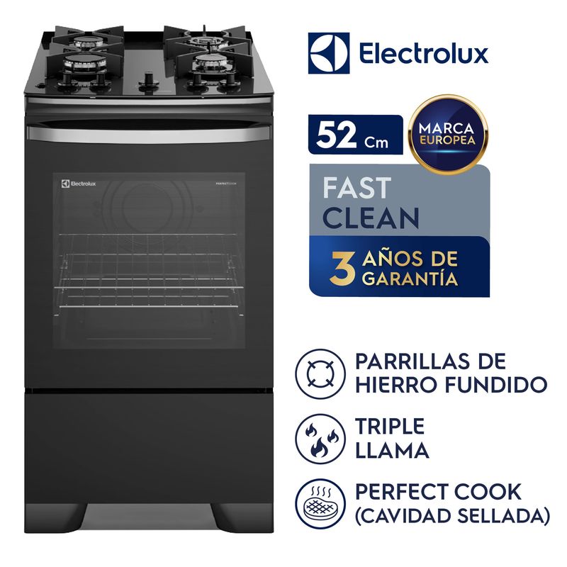 Cocina Electrolux F4EGB 4 quemadores negra, vista frontal