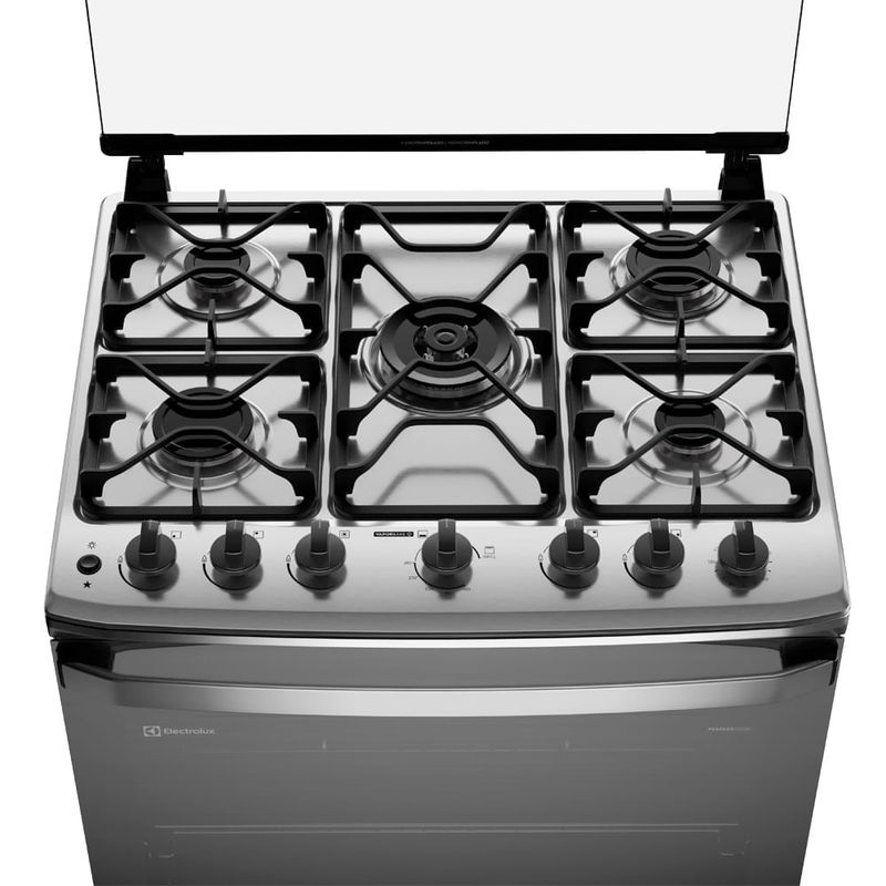Cocina Electrolux F5ETG + 5 quemadores + VaporBake y PerfectCook + gris + ángulo frontal + uso doméstico