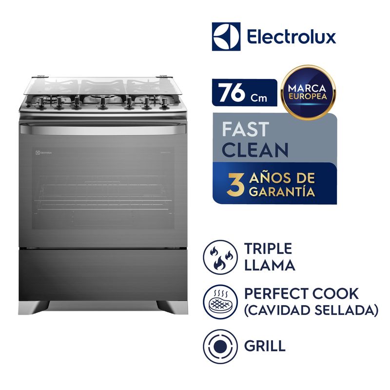 Cocina Electrolux F5ETG + 5 quemadores + VaporBake y PerfectCook + gris + ángulo frontal + uso doméstico