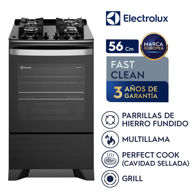 Cocina Electrolux F4EPB 4 quemadores PerfectCook Negro frontal en cocina moderna