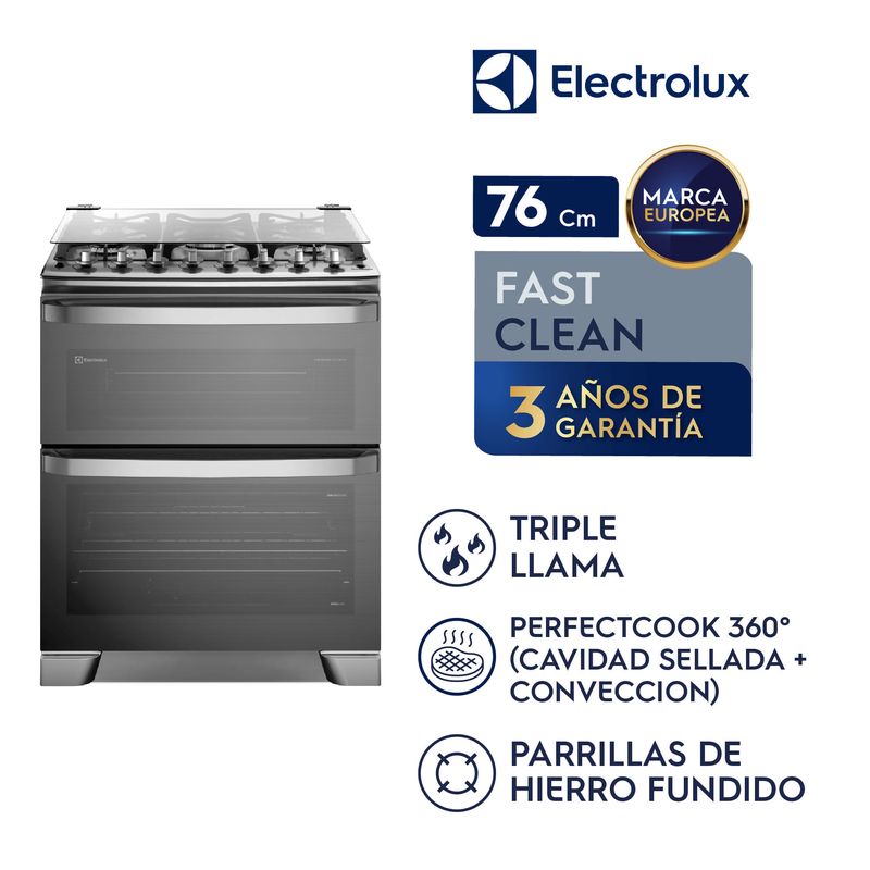 Cocina Electrolux F5EDG 5 Quemadores Doble Horno PerfectCook360 VaporBake Parrillas Hierro Fundido Gris, frontal cocina moderna