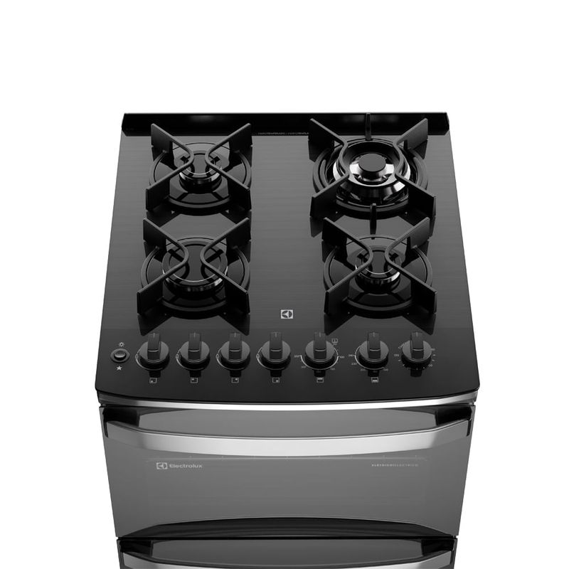 Cocina Electrolux F4EDG 4 Quemadores Doble Horno PerfectCook VaporBake Parrillas Hierro Fundido Gris, vista frontal en cocina moderna