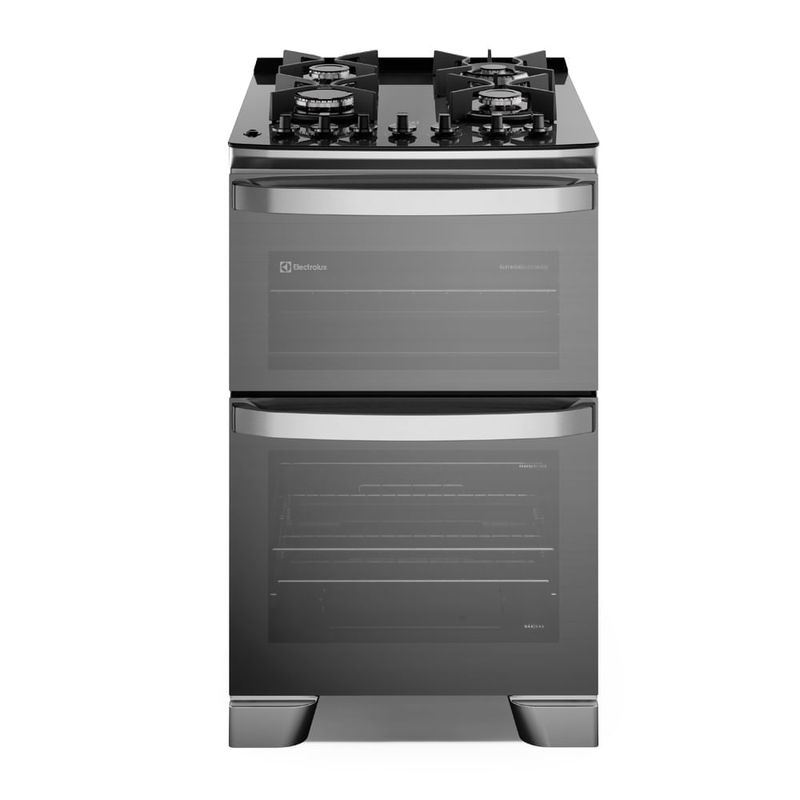 Cocina Electrolux F4EDG 4 Quemadores Doble Horno PerfectCook VaporBake Parrillas Hierro Fundido Gris, vista frontal en cocina moderna
