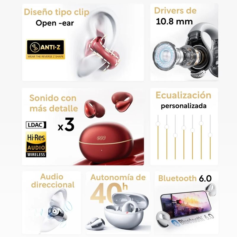 Audífonos Bluetooth QCY Crossky C30S con estuche negro especificaciones