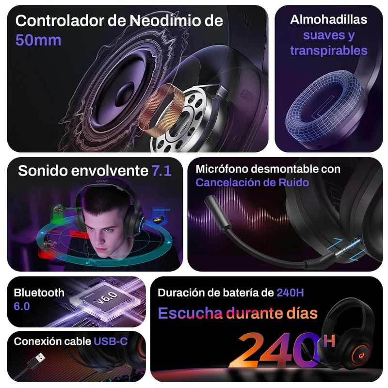 Audífonos gamer QCY HEROAD V200, micrófono, Bluetooth/USB/3.5 mm, sonido 7.1, blanco