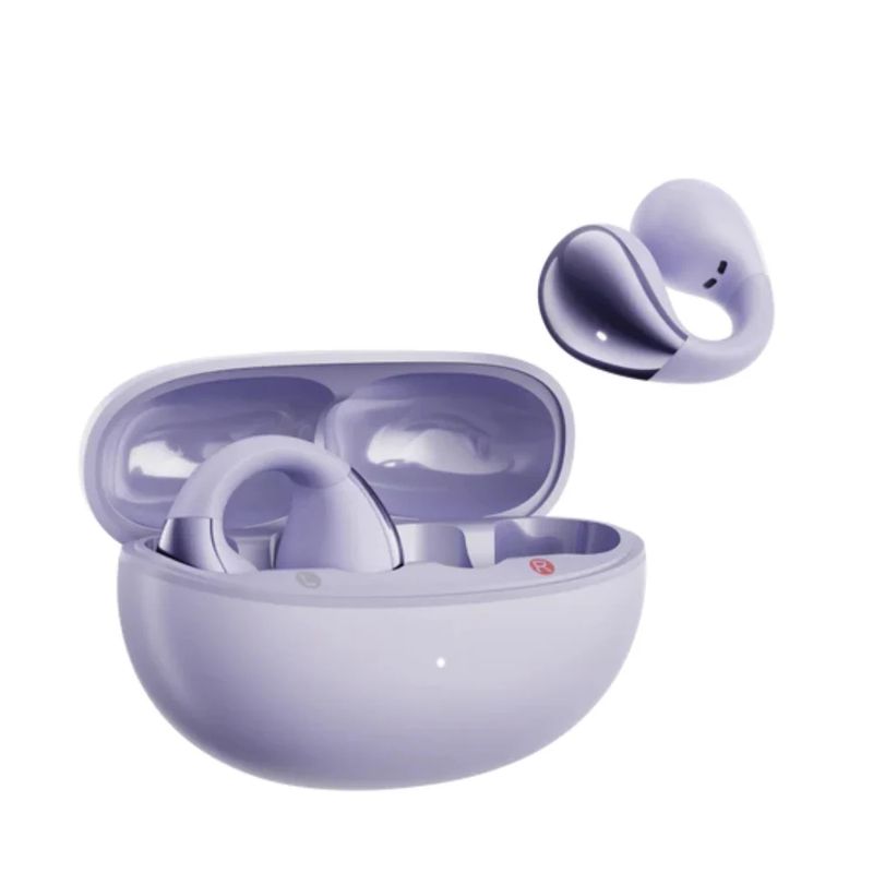 Audífonos Bluetooth QCY Crossky C30 con estuche morado vista frontal oblicua