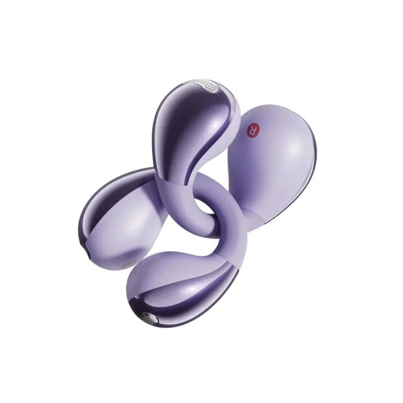 Audífonos Bluetooth QCY Crossky C30 con estuche morado vista frontal y dorsal oblicua