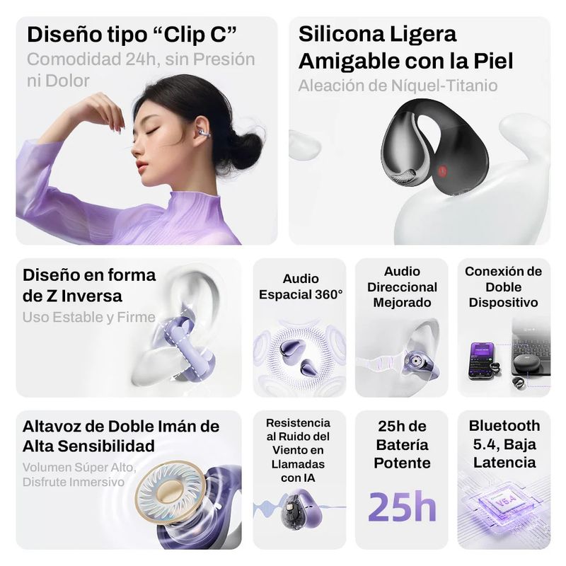 Audífonos Bluetooth QCY Crossky C30 con estuche morado especificaciones