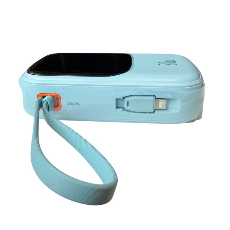 Batería externa Baseus 20000 mAh Celeste Lateral mostrando puertos USB Tipo-C y Lightning