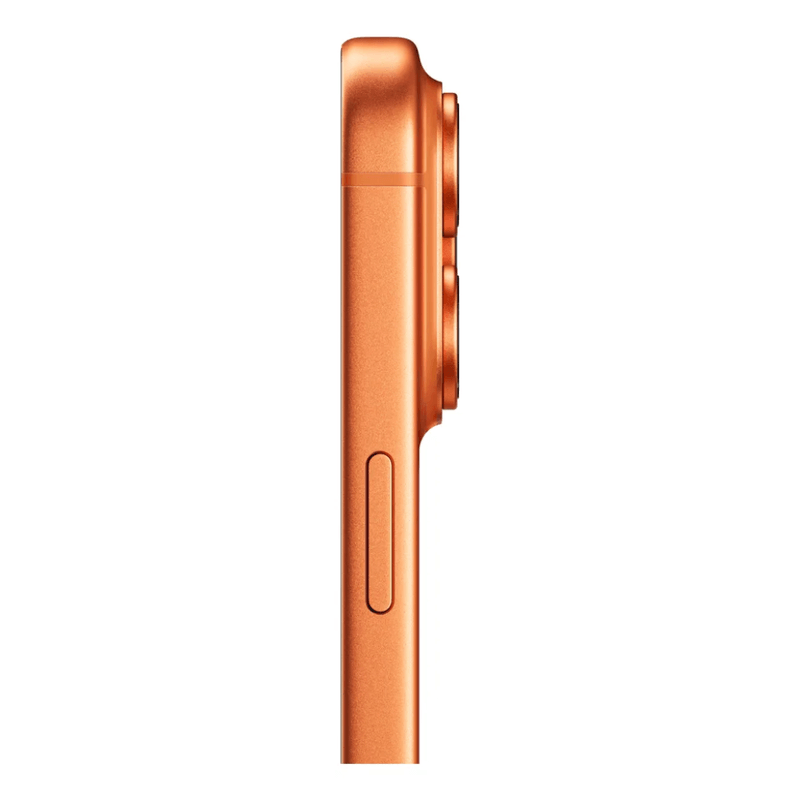Celular Apple iPhone 17 Pro Max diseño titanio naranja vista lateral detalle
