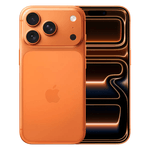 Celular Apple iPhone 17 Pro Max pantalla 6.9 pulgadas naranja vista frontal y posterior encendida