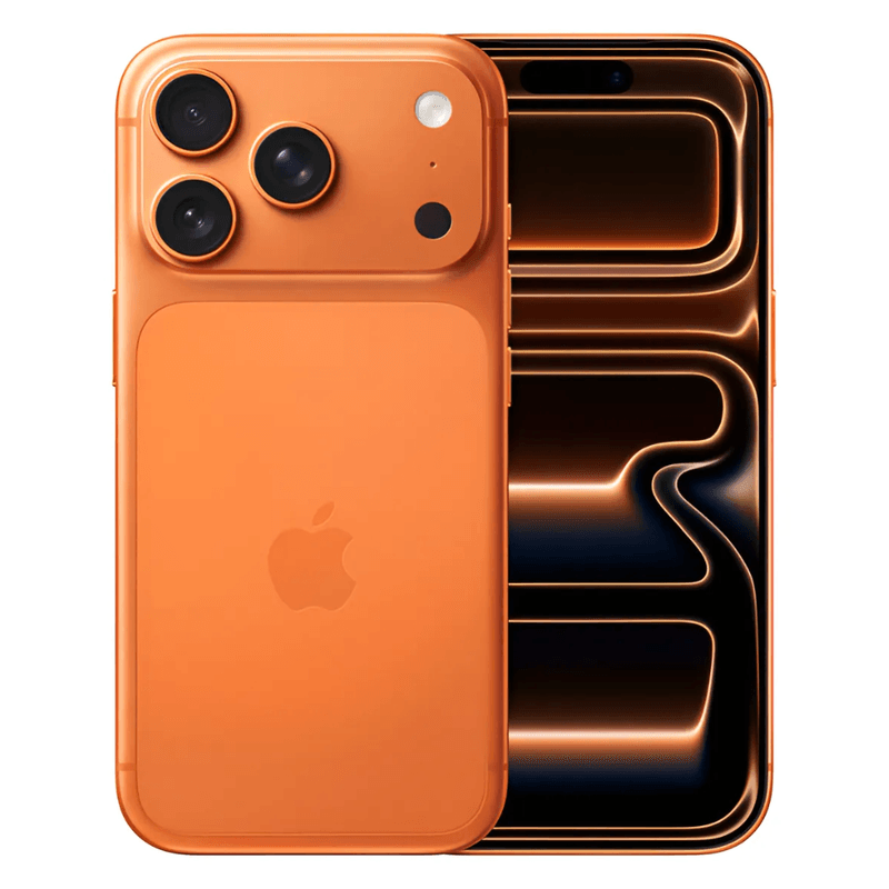 Celular Apple iPhone 17 Pro Max pantalla 6.9 pulgadas naranja vista frontal y posterior encendida