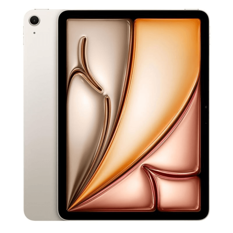 Tablet Apple iPad Air M4 11 pulgadas pantalla Liquid Retina Starlight vista frontal y posterior encendida