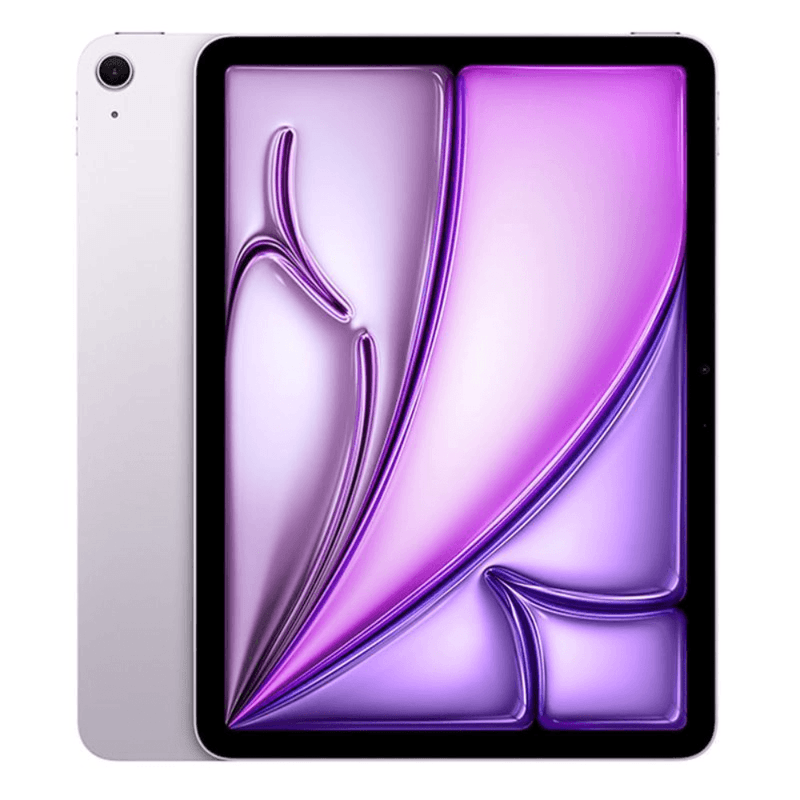 Tablet Apple iPad Air M4 11 pulgadas pantalla Liquid Retina morado vista frontal y posterior encendida