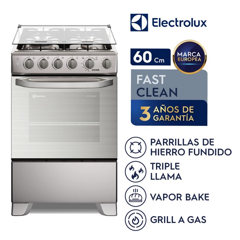 Cocina Electrolux 4 Quemadores VaporBake Triple Llama Inox