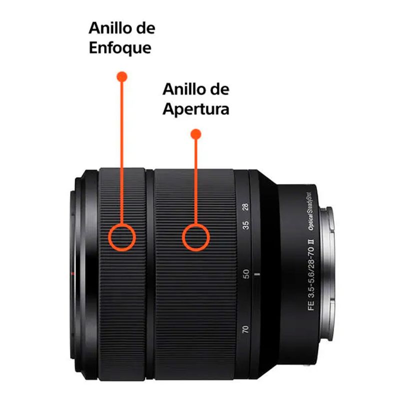 Cámara mirrorless Sony Alpha a7 IV lente 28-70mm negro vista lateral detalle