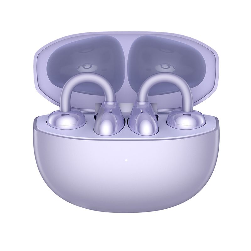 Audífonos bluetooth True Wireless Honor Clip resistente al agua IP54 lila vista frontal estuche de carga abierto con audífonos