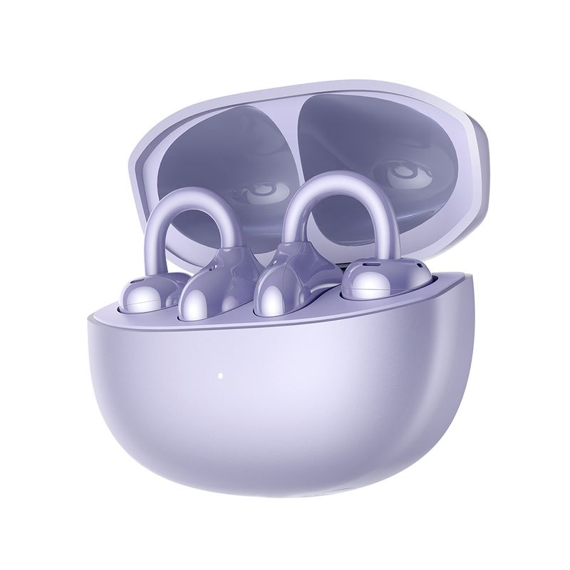 Audífonos bluetooth True Wireless Honor Clip resistente al agua IP54 lila vista perspectiva estuche de carga abierto con audífonos