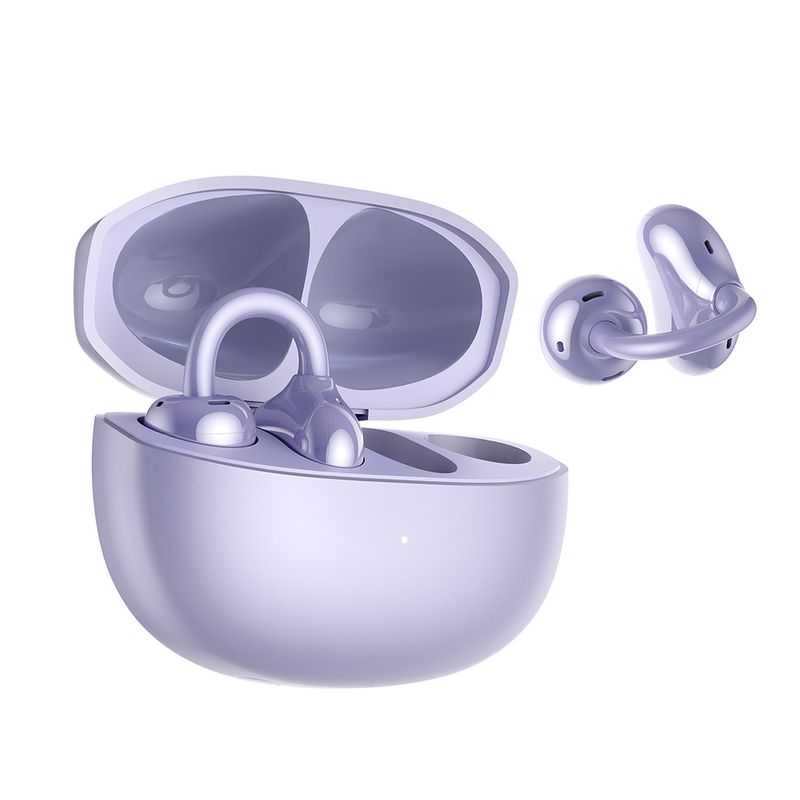 Audífonos bluetooth True Wireless Honor Clip resistente al agua IP54 lila vista perspectiva estuche de carga abierto con audífono fuera del estuche
