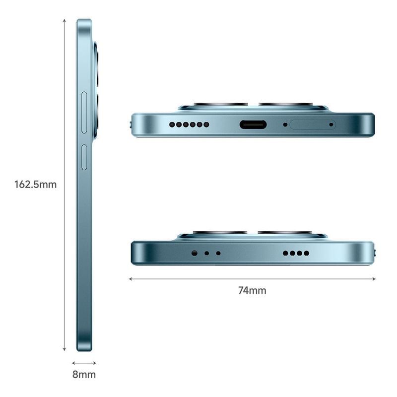 Celular Xiaomi Redmi Note 15 Pro azul glaciar vista lateral diseño delgado del dispositivo
