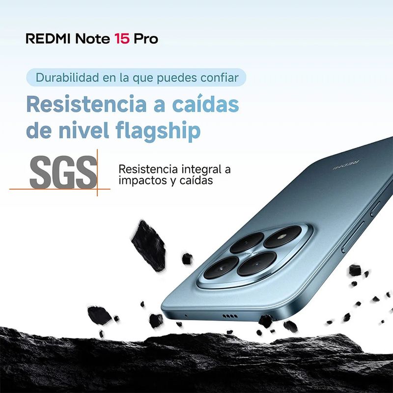 Celular Xiaomi Redmi Note 15 Pro azul glaciar imagen promocional resistencia a caídas nivel flagship SGS