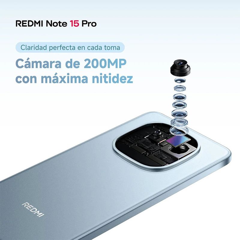 Celular Xiaomi Redmi Note 15 Pro azul glaciar imagen promocional cámara principal 200MP