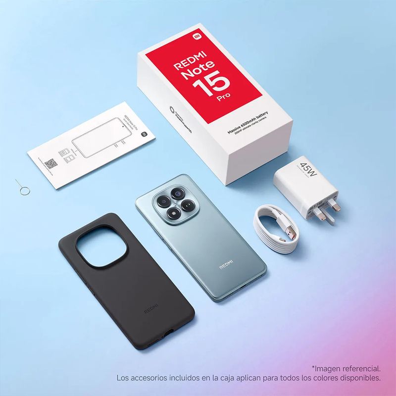 Celular Xiaomi Redmi Note 15 Pro azul glaciar contenido de la caja accesorios incluidos