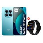 Celular Xiaomi Redmi Note 15 Pro 5G 512GB 8GB RAM azul glaciar vista frontal y trasera con Smartwatch Roadtrip S4 Lite