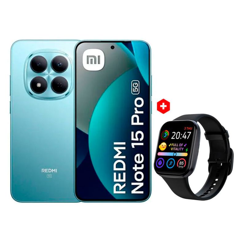 Celular Xiaomi Redmi Note 15 Pro 5G 512GB 8GB RAM azul glaciar vista frontal y trasera con Smartwatch Roadtrip S4 Lite