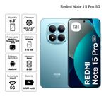 Celular Xiaomi Redmi Note 15 Pro azul glaciar imagen informativa especificaciones principales y smartwatch incluido