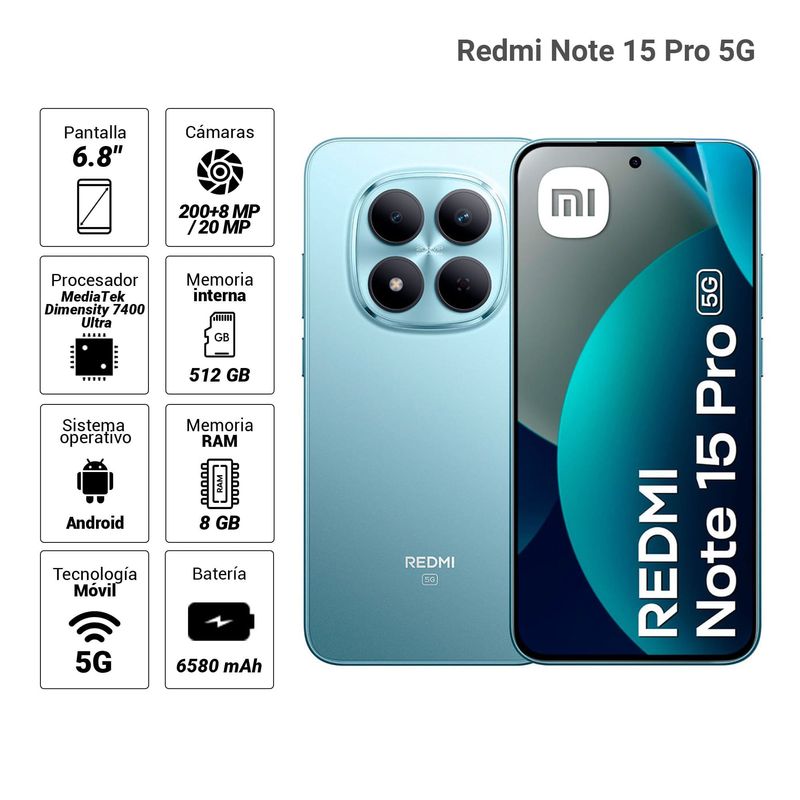 Celular Xiaomi Redmi Note 15 Pro azul glaciar imagen informativa especificaciones principales y smartwatch incluido