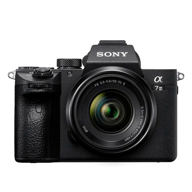 Cámara Sony Alpha a7 III mirrorless lente 28-70mm vista frontal