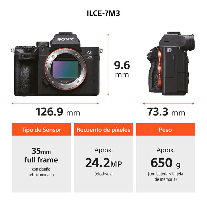 Cámara Sony Alpha a7 III mirrorless lente 28-70mm uso fotografía
