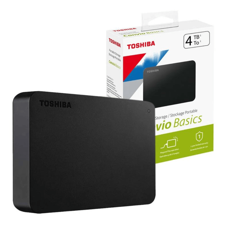 Disco duro externo portátil Toshiba Canvio Basics 4 TB Negro Frontal junto a empaque original