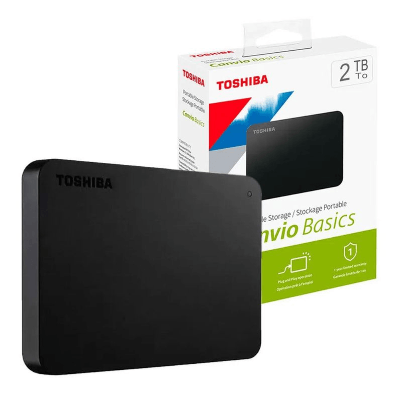 Disco duro externo Toshiba Canvio Basics 1TB Negro Frontal junto a empaque original